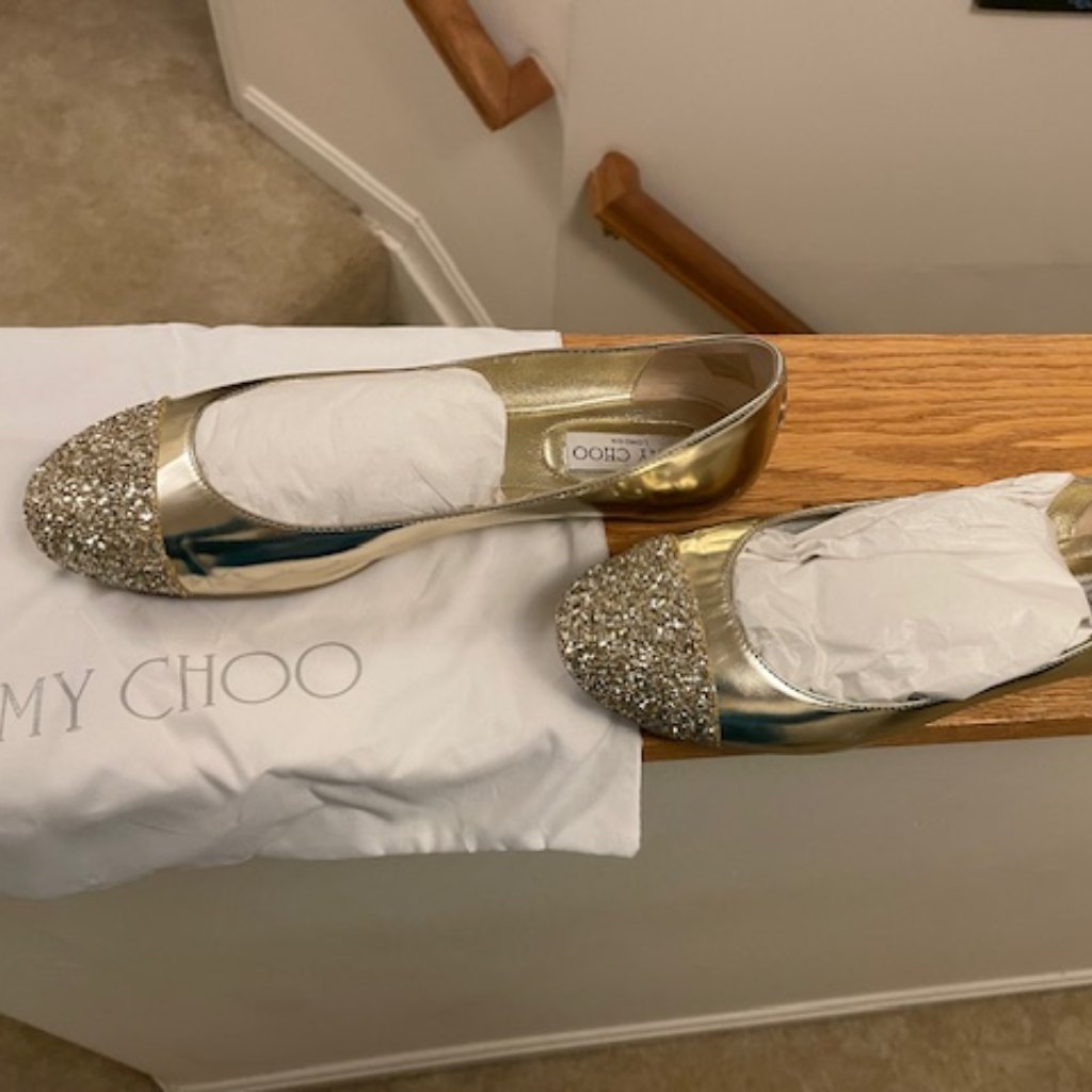 Jimmy Choo Flat Shoe, Size 38.5 Gold